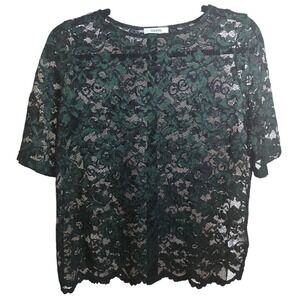 GANNI Flynn Semi Sheer Lace Top XS Dark‎ Green Black